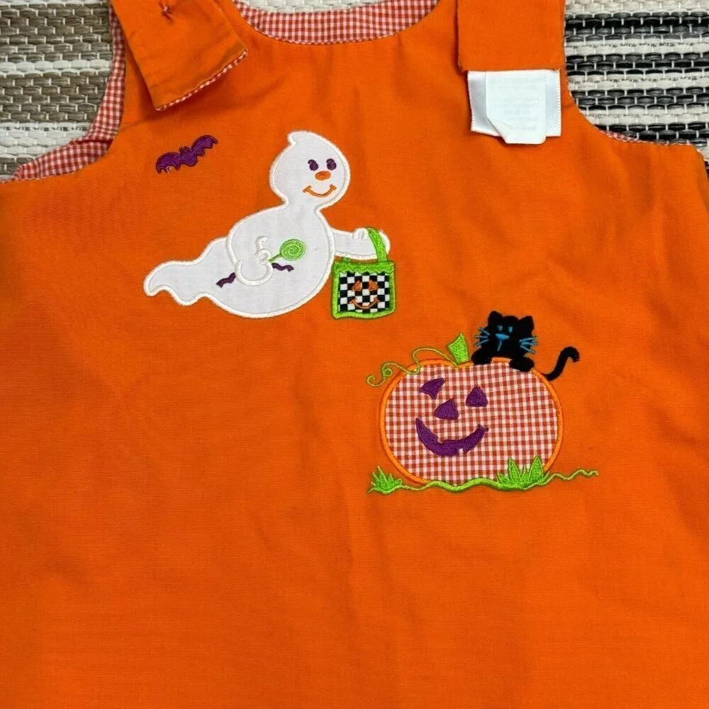 Mulberry St. Outfit Reversible Top Embroidered Gingham Halloween Orange Size 2